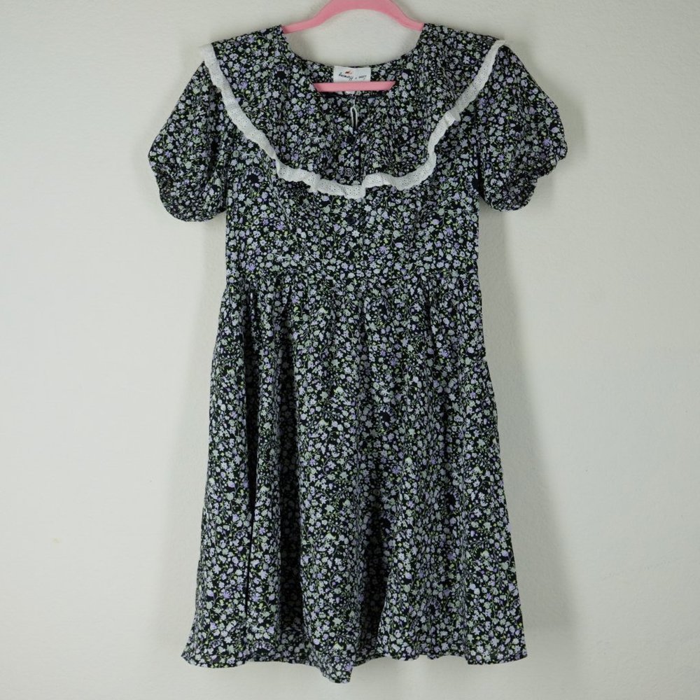 LOVE + HARMONY Black Dress With Purple Green Floral Print White Frill size S